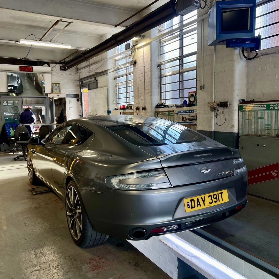 Aston Martin Rapide S up on the MOT bay at 5 Star Motors